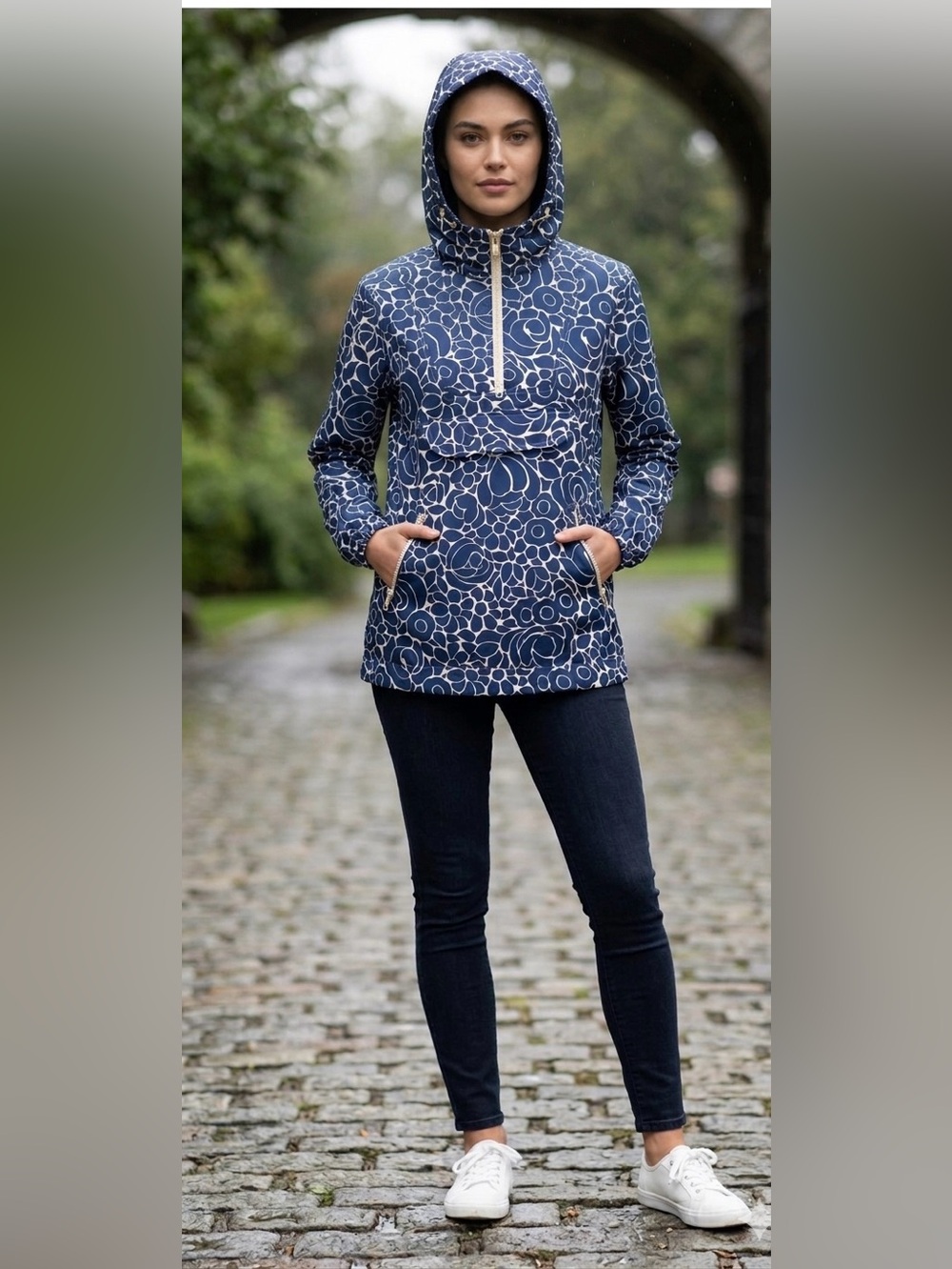 Boden Hooded Anorak Jacket Blue White Floral Drawstring Women's US 2 UK 6